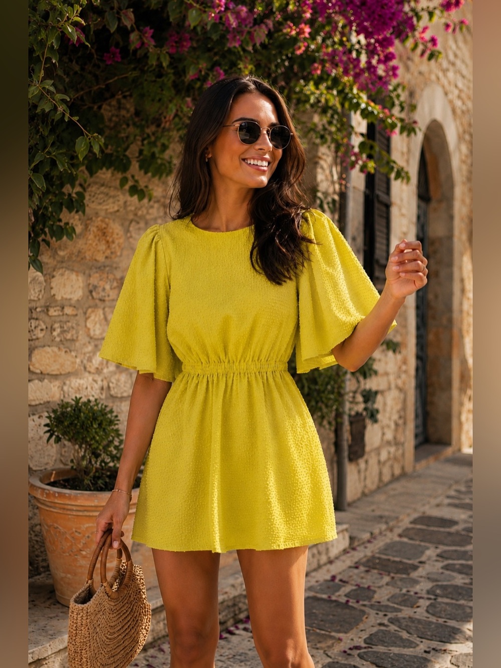 Essentiel Antwerp Dottie Citrine Yellow Textured Capelet Mini Dress Size 36 US 4